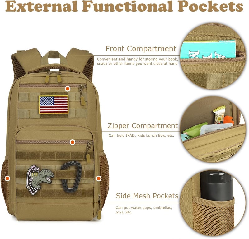 XINTREY Kids tactical Backpack for Boys School Bag 20L mini Children Backpack for Outdoor Camping Travel (Brown) - Image 3